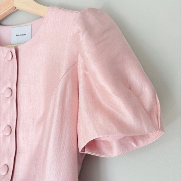 NEW Reformation Mika Two Piece Skirt Set Bubblegum Pink Sheen | US 4 UK 8 - Picture 15 of 16